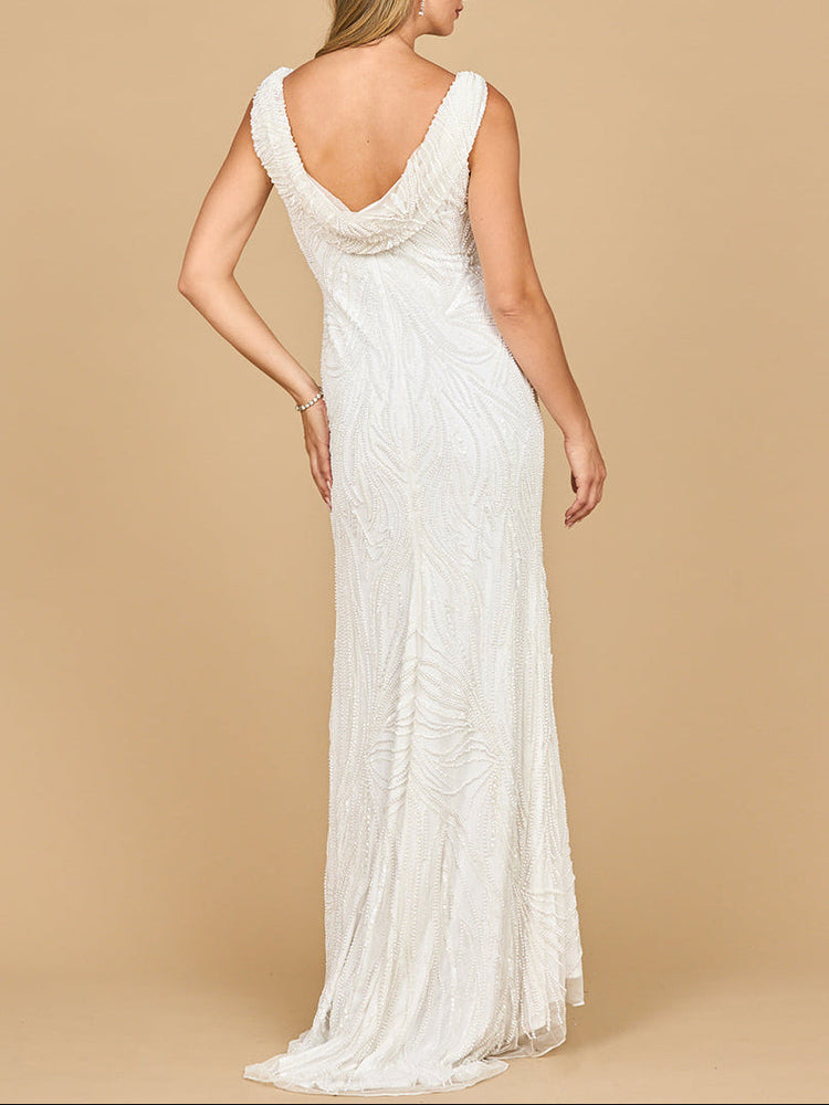 Lara 51200- Beaded Draped Cowl Back Wedding Gown - Glamourous Grace