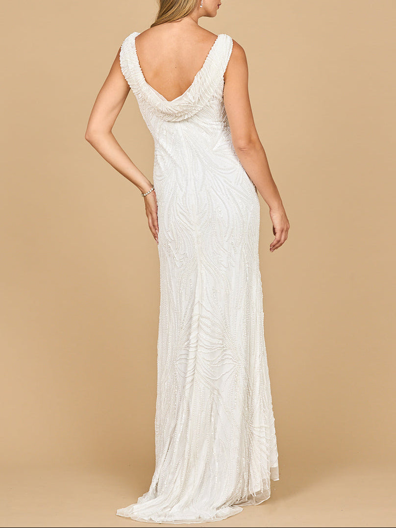 Lara 51200- Beaded Draped Cowl Back Wedding Gown - Glamourous Grace