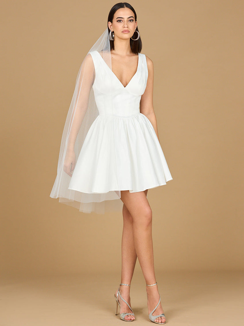 V Neck, A-Line Bridal Short Dress with Veil - Glamourous Grace