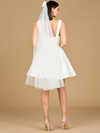V Neck, A-Line Bridal Short Dress with Veil - Glamourous Grace