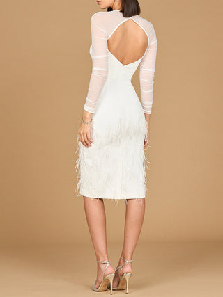 Long Sleeve Bridal Midi Gown with Feathers - Glamourous Grace