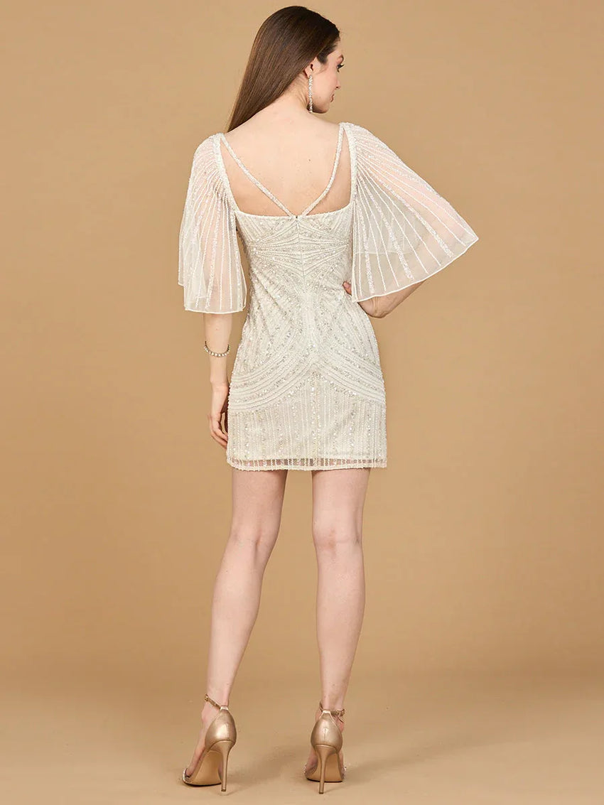 Lara 51213 - Beaded Cape Sleeve Wedding Short Dress - Glamourous Grace