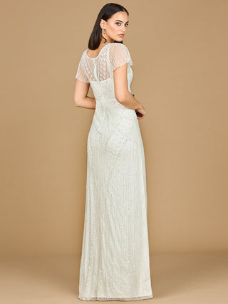 Ivory beaded flutter sleeve wedding gown by Lara New York, elegant dress with intricate beading and flowing sleeves.