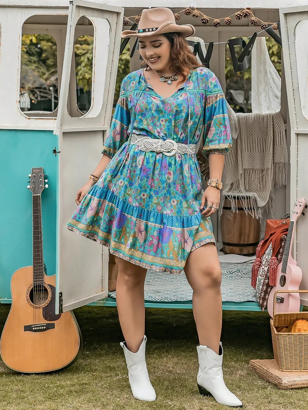 Plus Size Printed Tie Neck Mini Dress - Glamourous Grace