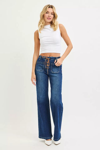 RISEN Full Size High Rise Wide Leg Jeans with Front Tie