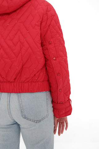 Studded Light Demi-Season Hooded Cropped Jacket in Red