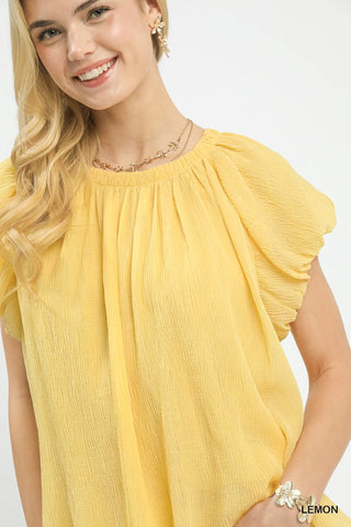 Umgee Crinkle Flutter Sleeve Peasant Top in Lemon - Glamourous Grace