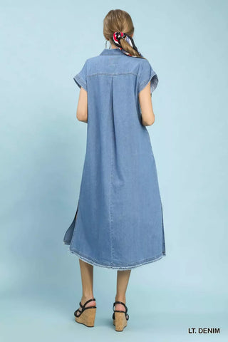 Umgee Stone Washed Collared Denim Midi Dress - Glamourous Grace