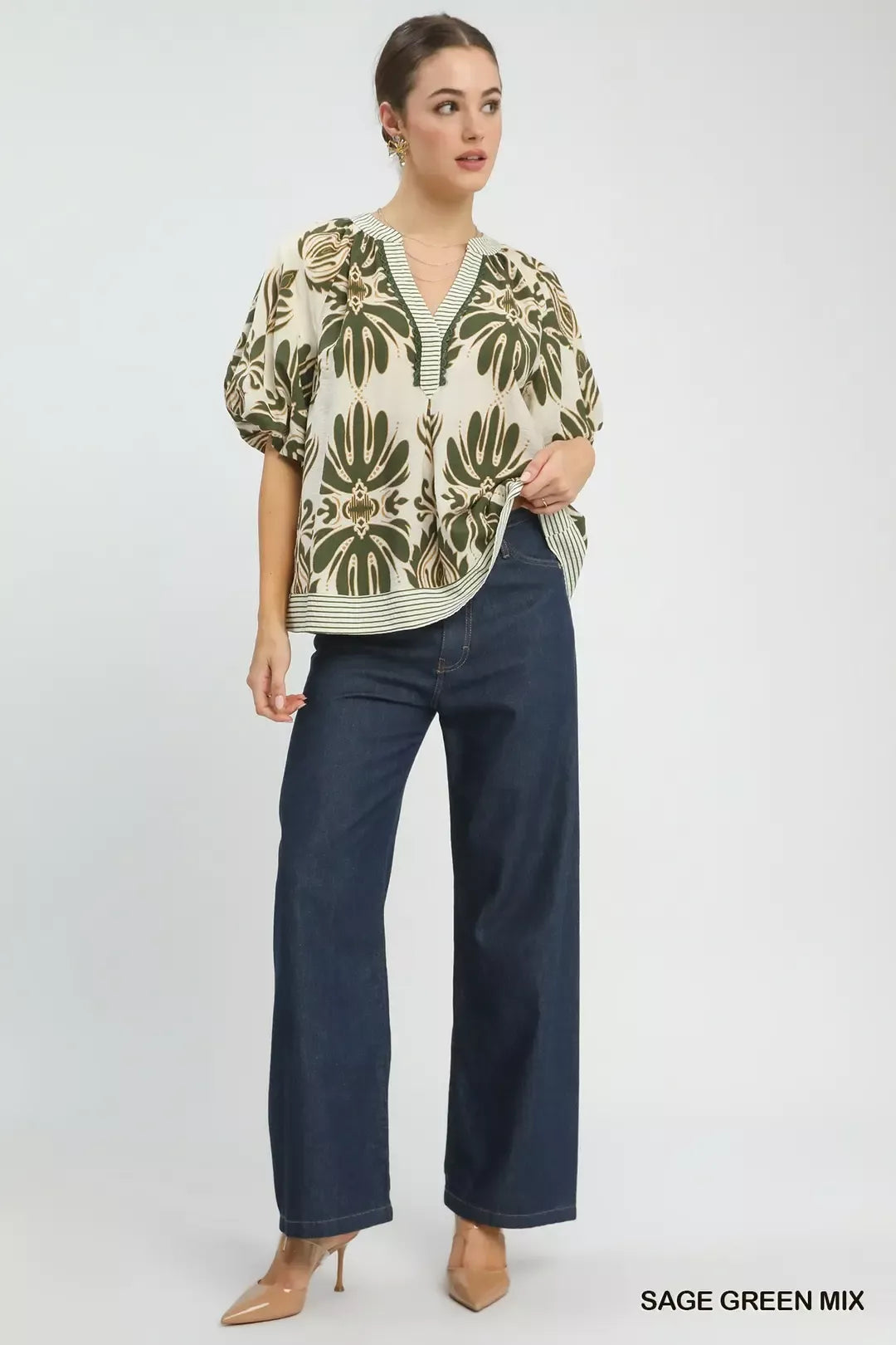 Umgee Mix Printed Puff Sleeve Top with Contrast Trim - Glamourous Grace