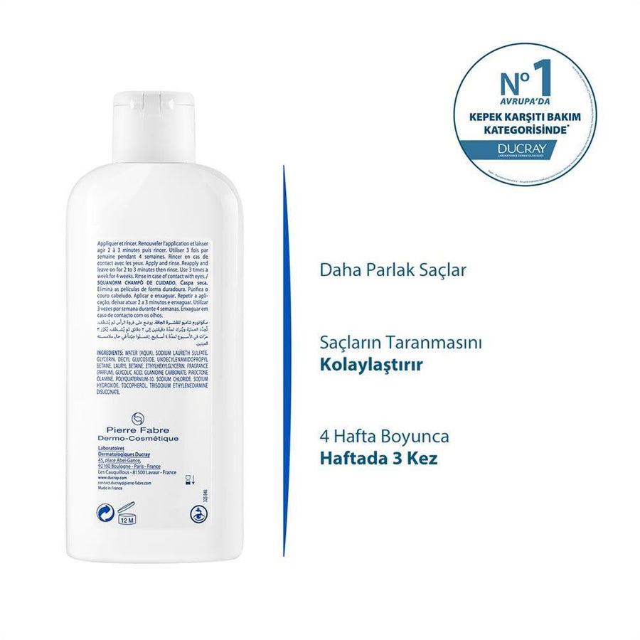 Ducray Squanorm Dry Dandruff Treatment Shampoo - Anti-Dandruff, Moisturizing, 6.76 fl oz