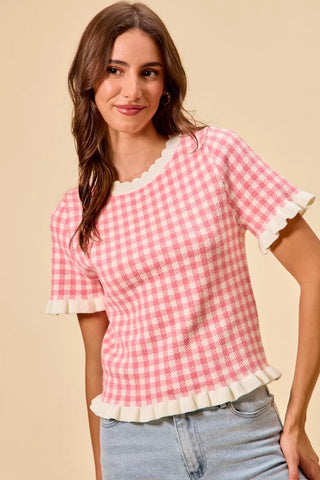 SO ME Gingham Knit Ruffled Short Sleeves Sweater Top - Glamourous Grace