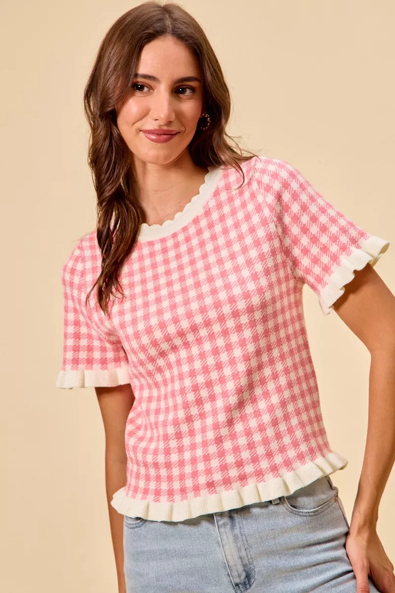 SO ME Gingham Knit Ruffled Short Sleeves Sweater Top - Glamourous Grace