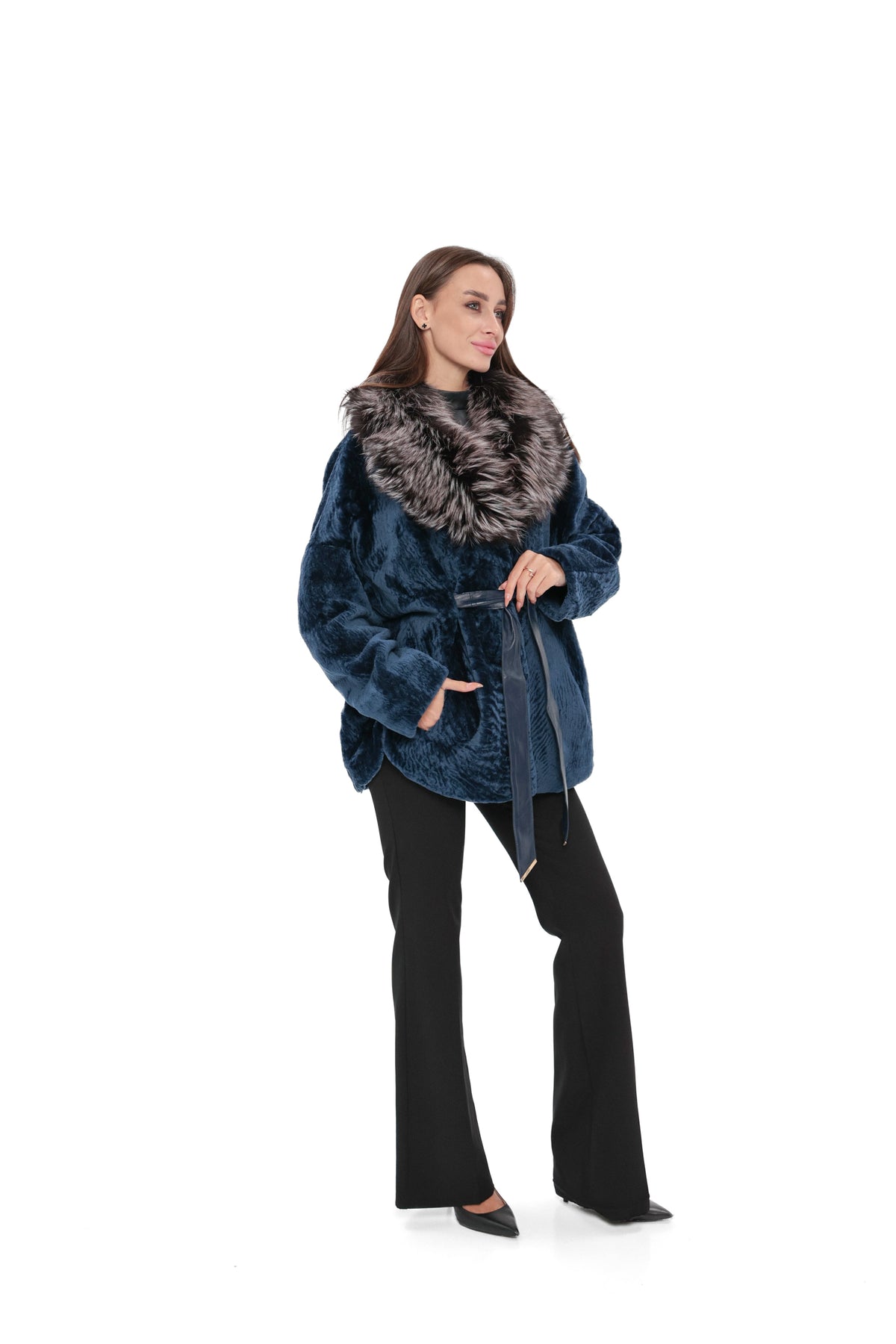 Calabria Genuine Astrakhan Silver Fox Trim Coat