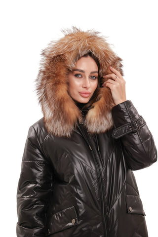 Genuine Fox Fur Trim Mid Length Coat