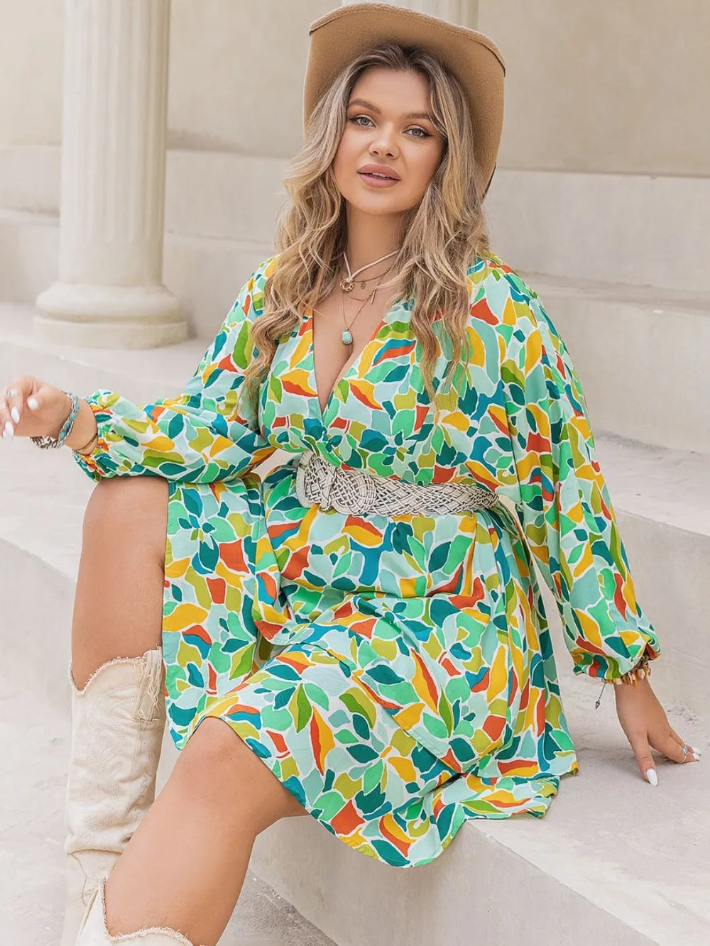 Plus Size Printed Surplice Long Sleeve Mini Dress - Glamourous Grace