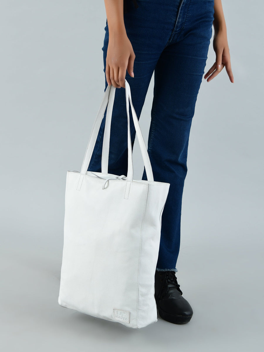 White Leather Shoulder Tote Bag - Glamourous Grace