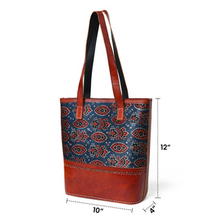 Neela Ajrakh Leather Tote Bag - Glamourous Grace