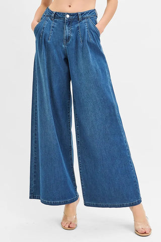 RISEN Pleated Wide Leg Denim Jeans