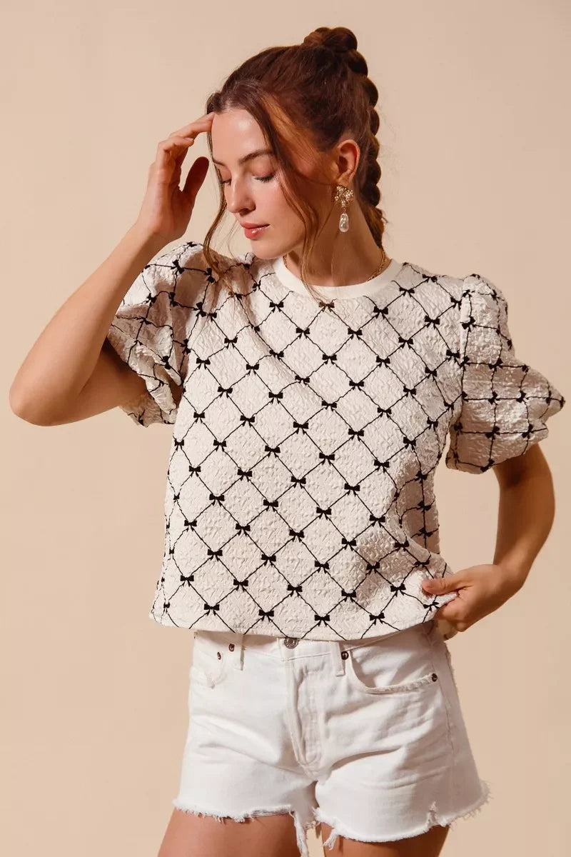SO ME Bow Texture Woven Bubble Sleeve Top - Glamourous Grace