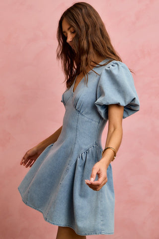 SO ME Bubble Sleeves Denim Fit And Flare Mini Dress - Glamourous Grace