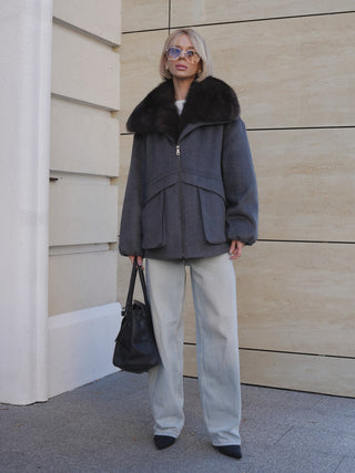 Rimini Genuine Fur Trim Wool Blend Parka in Graphite