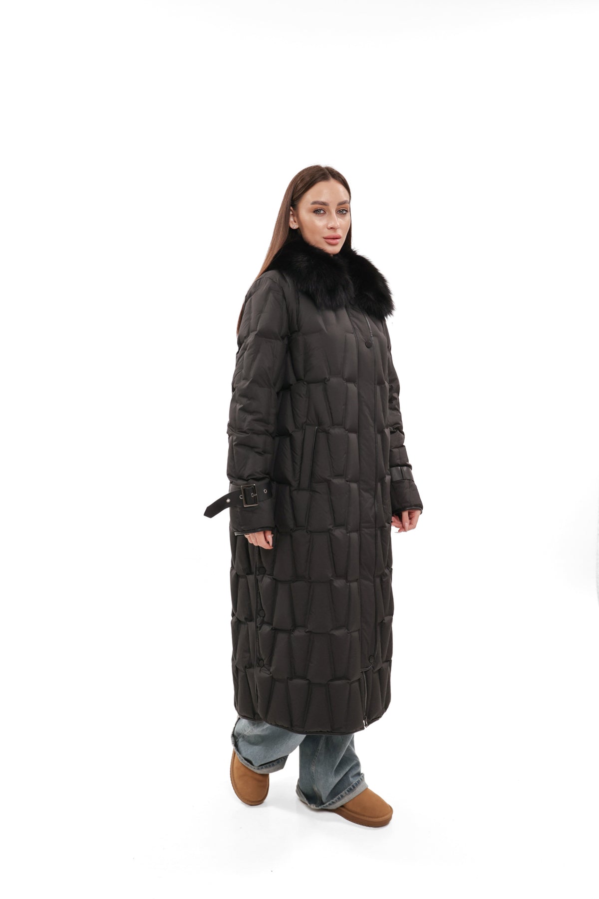 Riley Genuine Fur Trim Down Fill Coat in Black