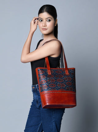 Neela Ajrakh Leather Tote Bag - Glamourous Grace
