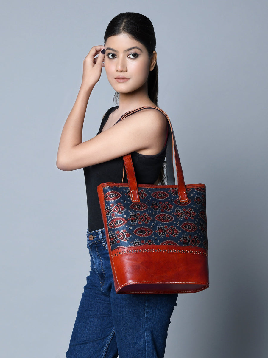 Neela Ajrakh Leather Tote Bag - Glamourous Grace