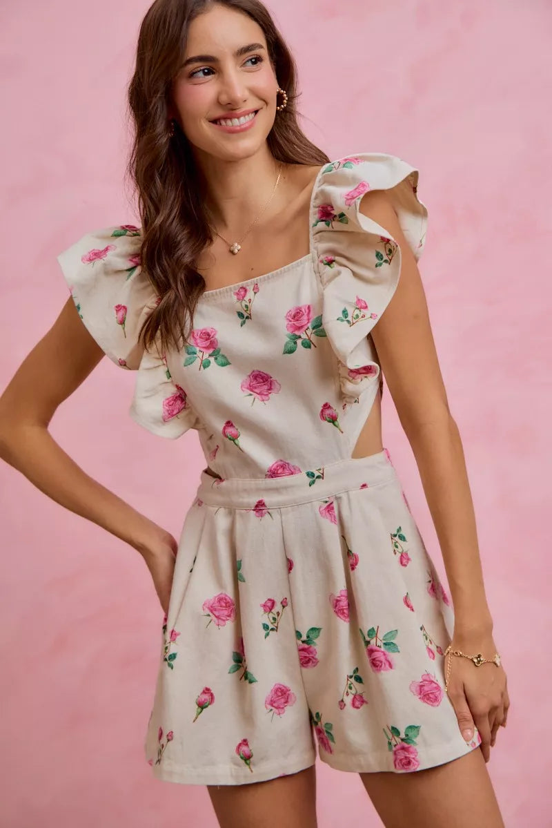 SO ME Floral Print Denim Cut Out Waist Ruffled Romper - Glamourous Grace