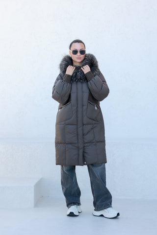 Lauren Genuine Fur Trim Down Fill Coat in Tobacco