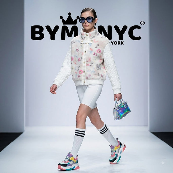 Women's White Fleece Cable Knit Bomber Jacket Floral Printed BYMANYC ® New York CONTEMPORARY VIBRANT MODERN OUTERWEAR - New Collection
