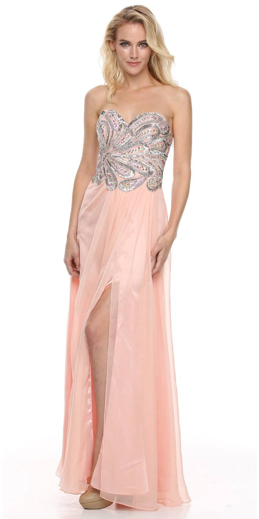 CLEARANCE - Juliet 548 Beaded Bodice Long Strapless Thigh Slit Formal Gown - Glamourous Grace