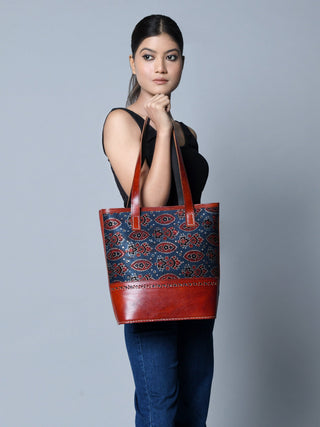 Neela Ajrakh Leather Tote Bag - Glamourous Grace