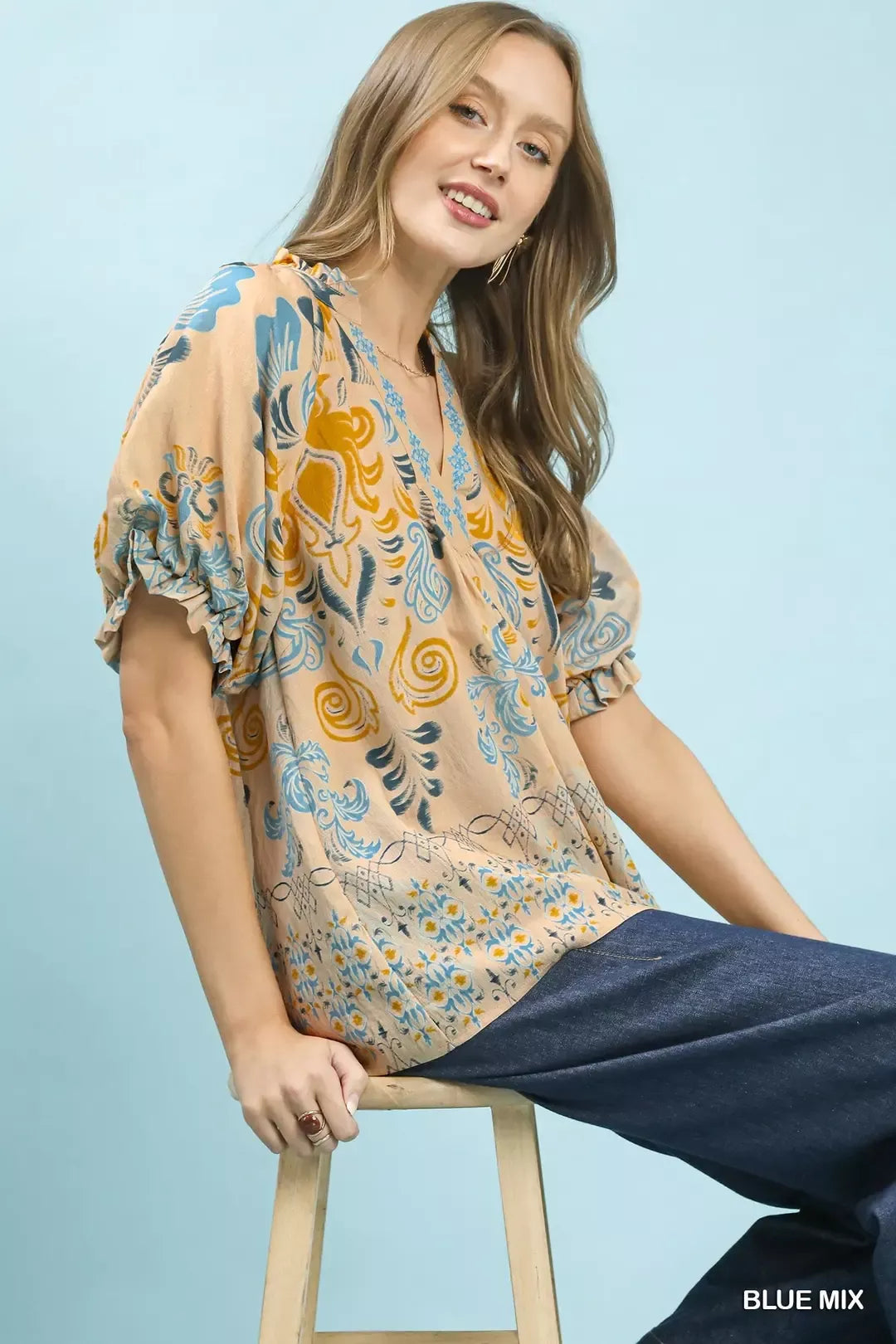 Umgee Border Print Puff Sleeve V-Neck Blouse - Glamourous Grace