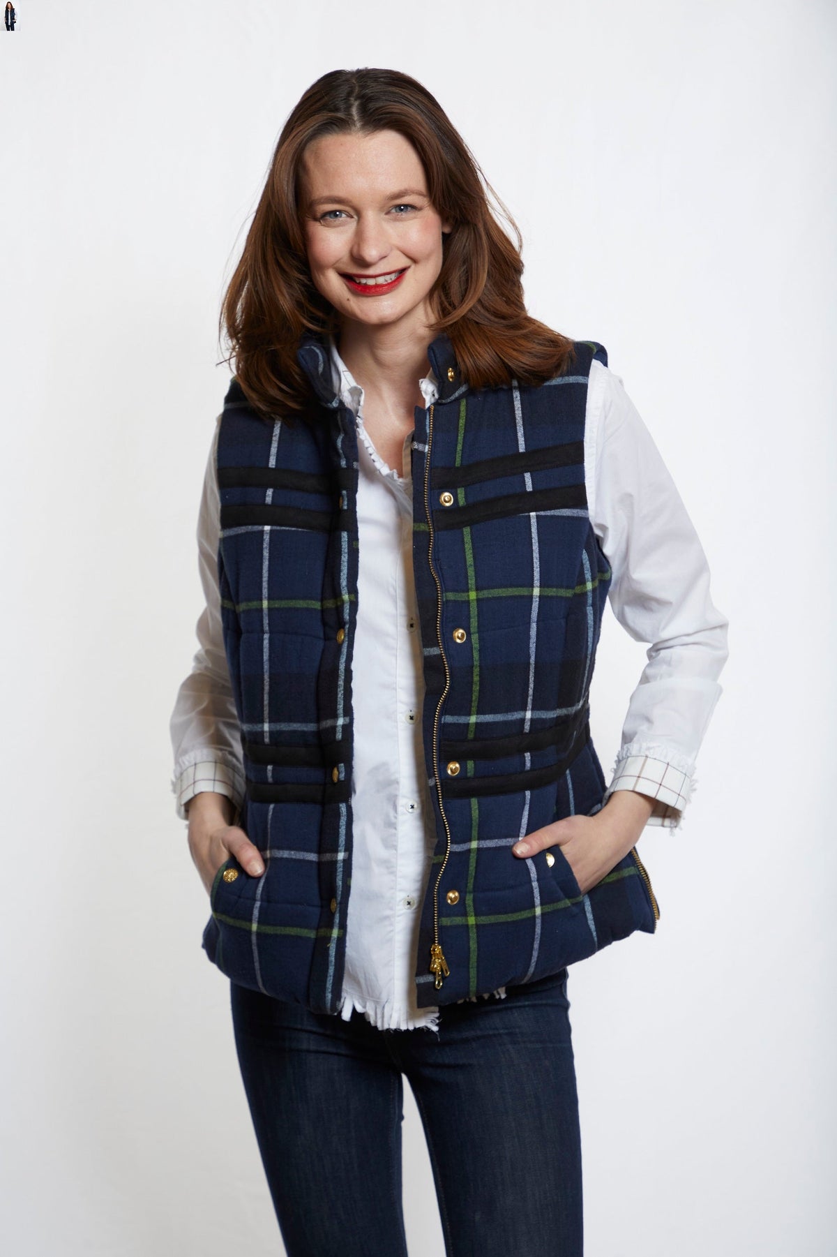 Rosey Vest With Contrast Lining In Indigo Yarndyed Flannel Plaid - Glamourous Grace