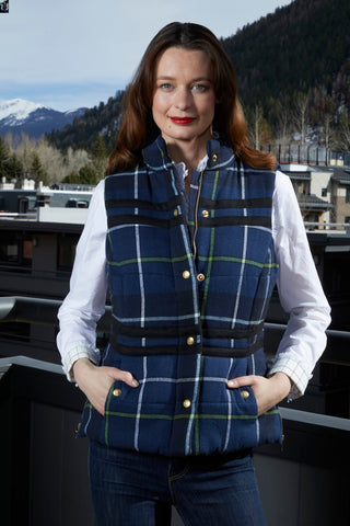 Rosey Vest With Contrast Lining In Indigo Yarndyed Flannel Plaid - Glamourous Grace