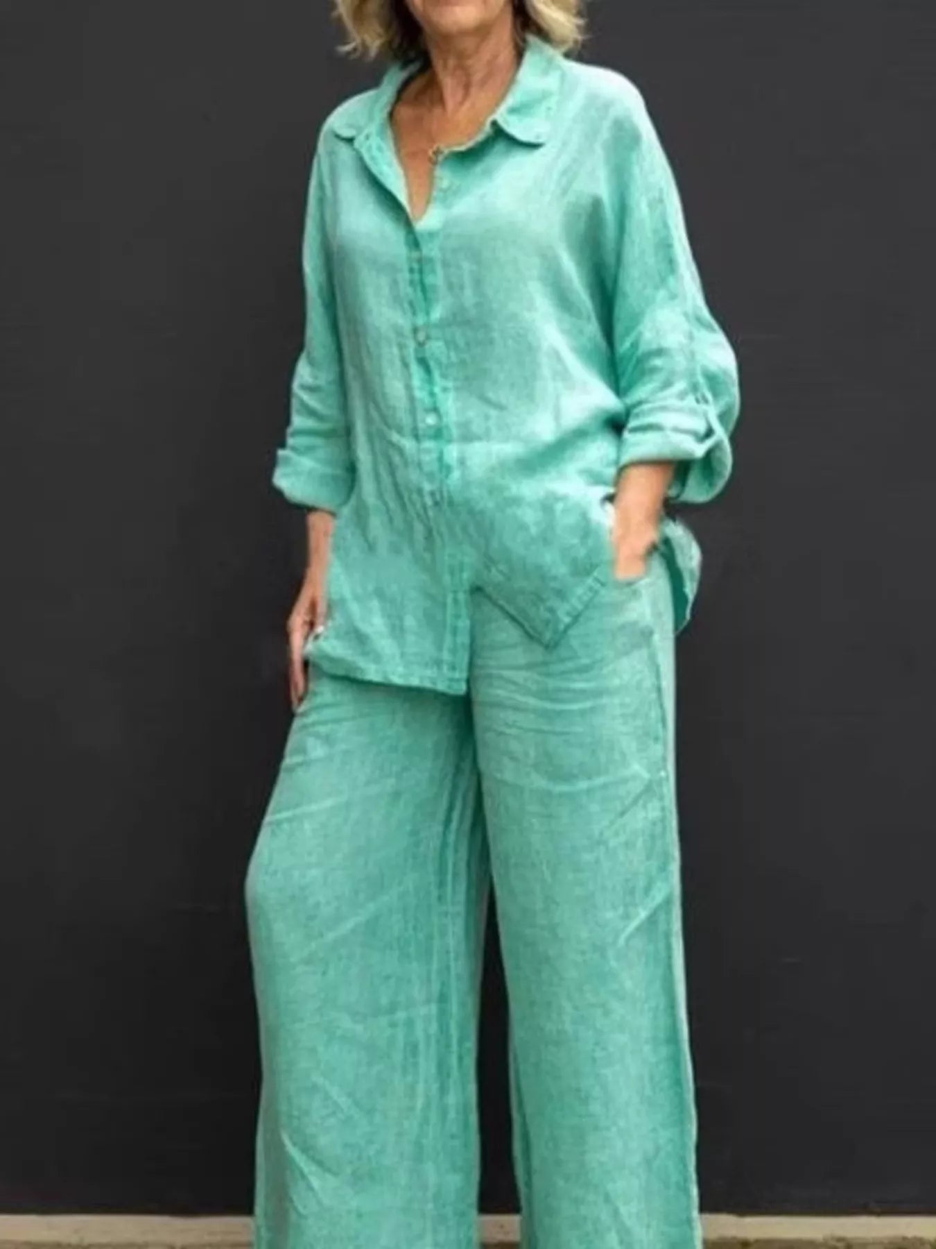 Full Size Long Sleeve Shirt and Pants Set Plus Size - Glamourous Grace
