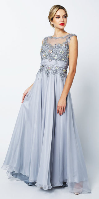 Juliet 552 Long Jewel Neckline Studded Bodice A-Line Gown