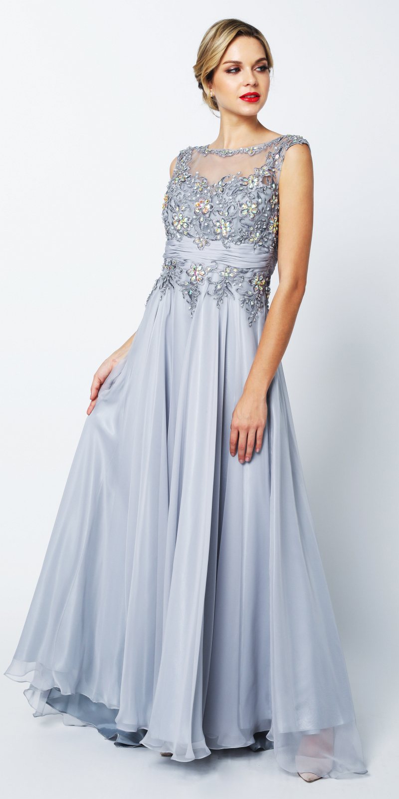 Juliet 552 Long Jewel Neckline Studded Bodice A-Line Gown - Glamourous Grace