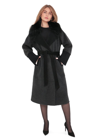 Boston Genuine Silver Fox Cashmere Blend Double-Face Coat in Graphite