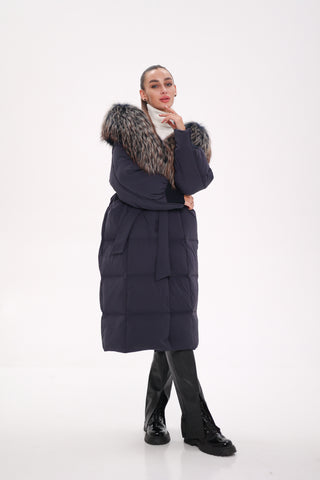 Rei Genuine Fur Trim Hooded Down Coat in Navy