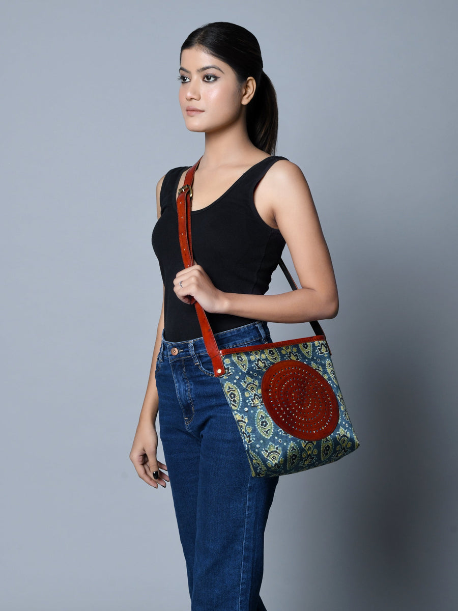 Neela Ajrakh Leather Tote Bag - Glamourous Grace