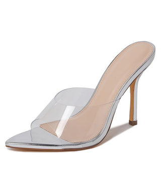 Silver metallic heels by J.Adams, showcasing stylish pointed-toe design and sleek stiletto heel, perfect for formal occasions.