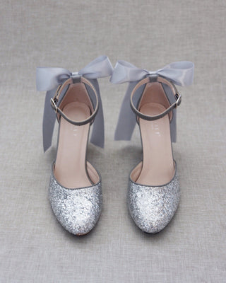 Rock Glitter Block Heel with Back Satin Bow