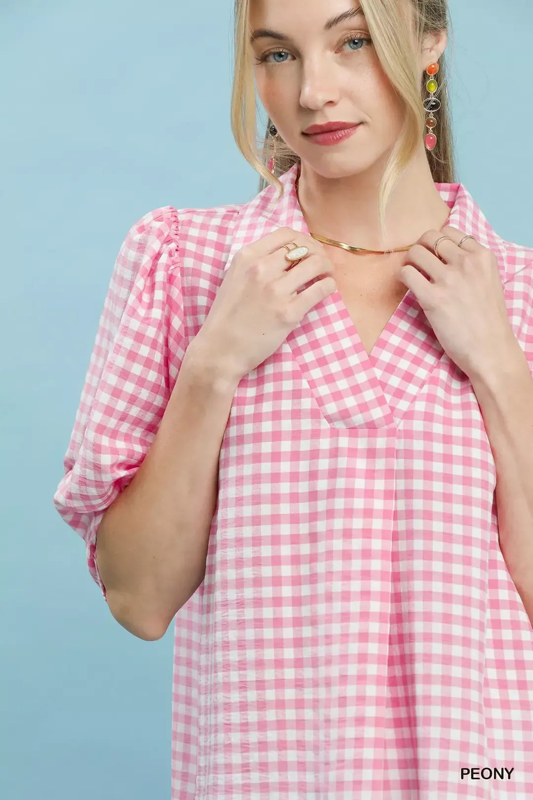 Umgee Gingham Puff Sleeve Collared Blouse in Pink - Glamourous Grace