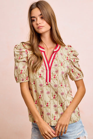 BiBi Floral Gather Sleeves Contrast Neckband Blouse Top - Glamourous Grace