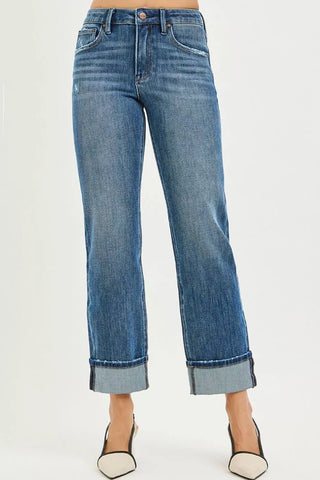 RISEN 4 Way Stretch Slouchy Straight Jeans with Cuffed Hem
