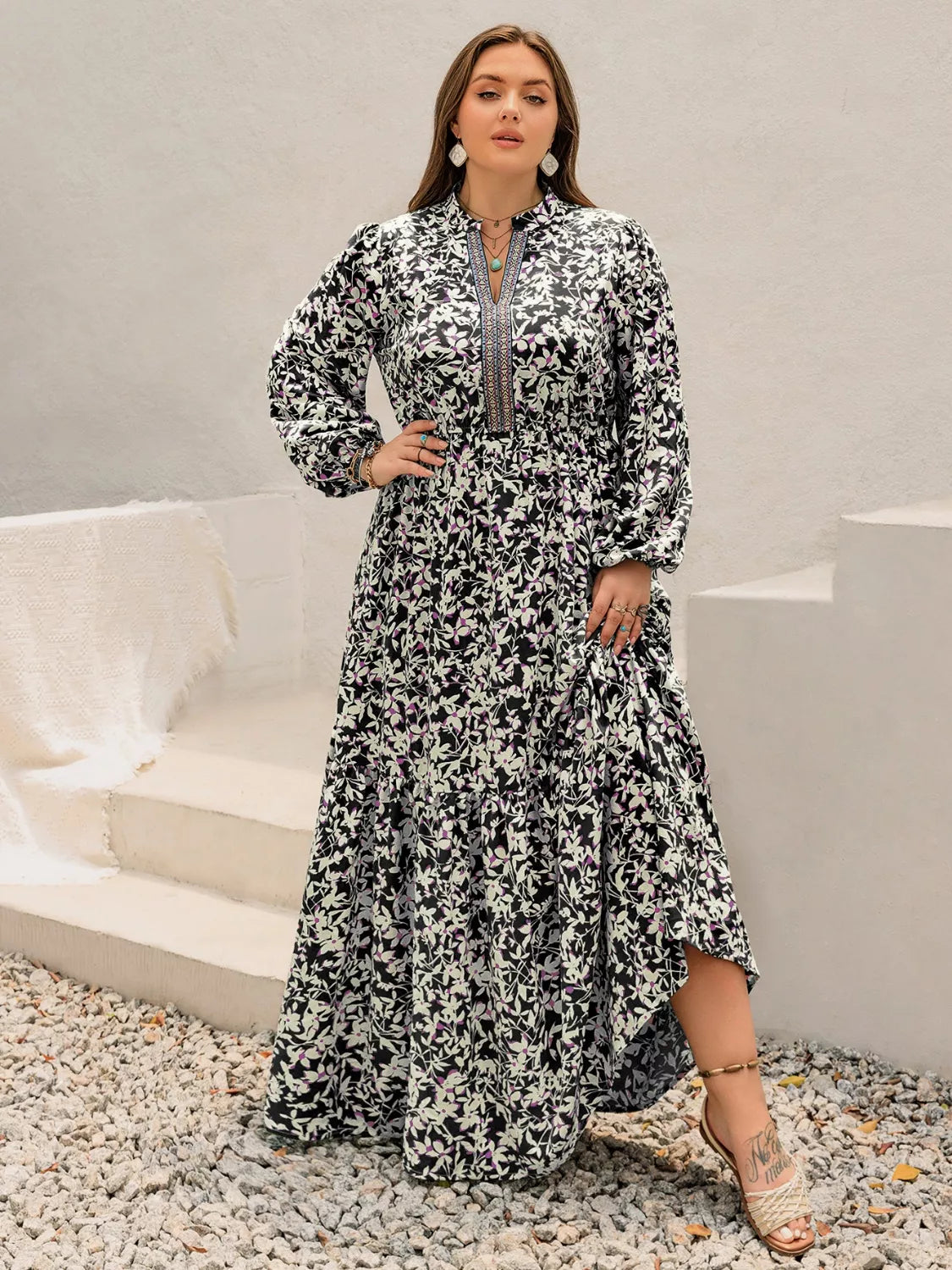 Plus Size Floral Print Long Sleeve Tiered Maxi Dress - Glamourous Grace