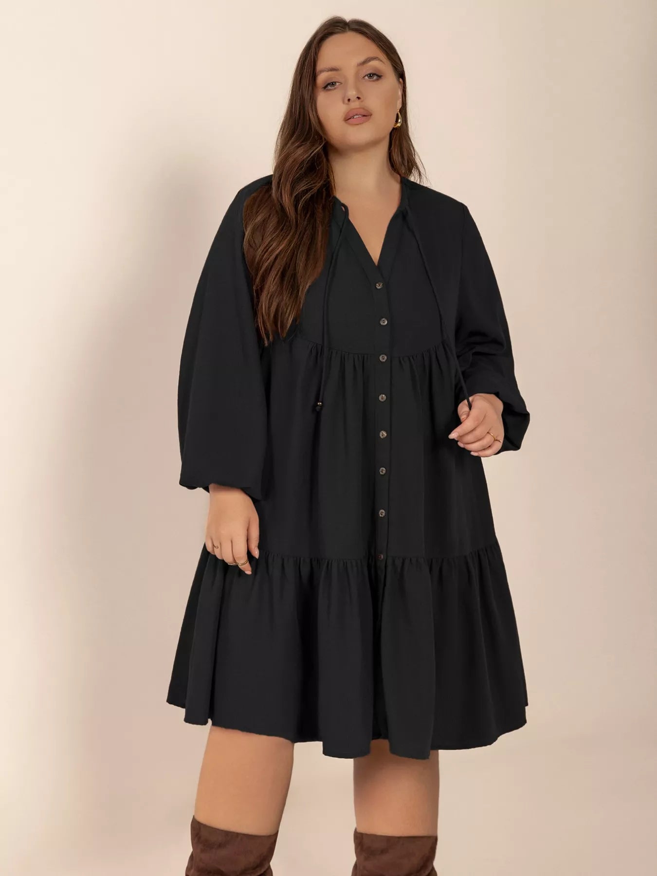 Plus Size Button Front Balloon Sleeve Dress - Glamourous Grace