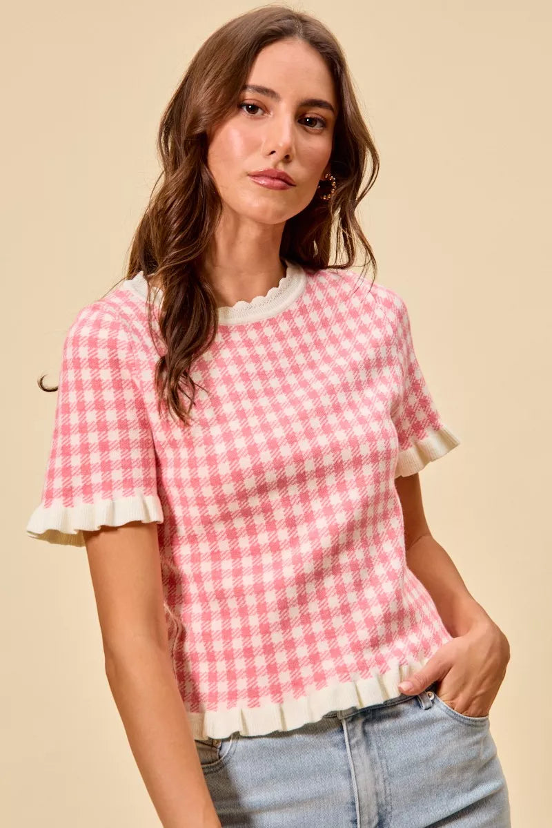 SO ME Gingham Knit Ruffled Short Sleeves Sweater Top - Glamourous Grace